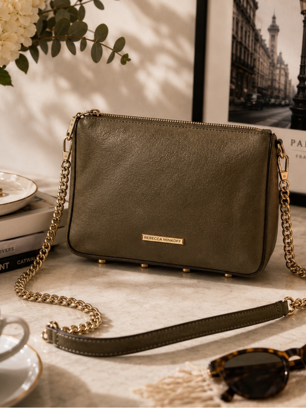 Rebecca Minkoff Olive Green Leather Crossbody Bag With Gold Chain Strap